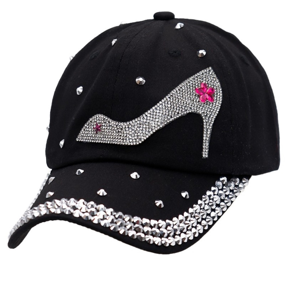 NWT! High Heels Stiletto Rhinestone Embellished Twill Cotton Strap Back Cap